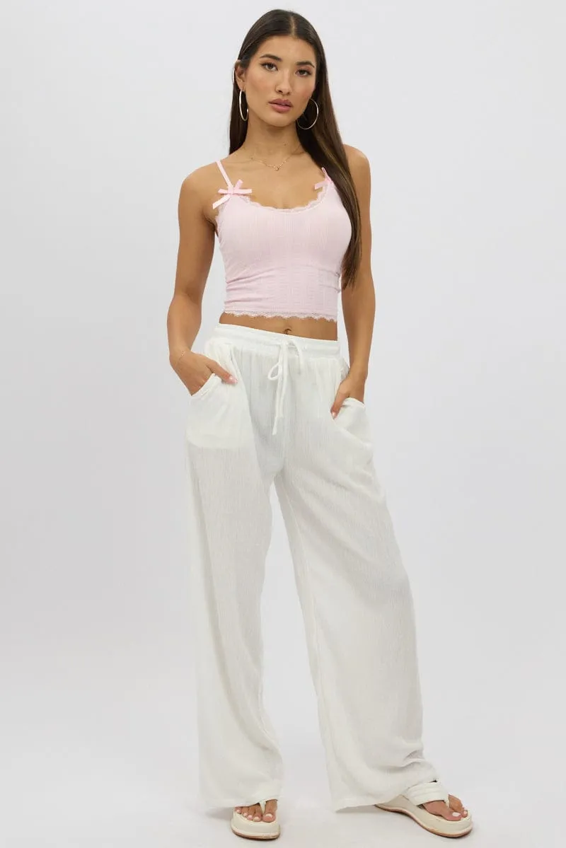 Pink Cami Top Ribbon Lace Neck Relaxed Style StainReleaseCoating