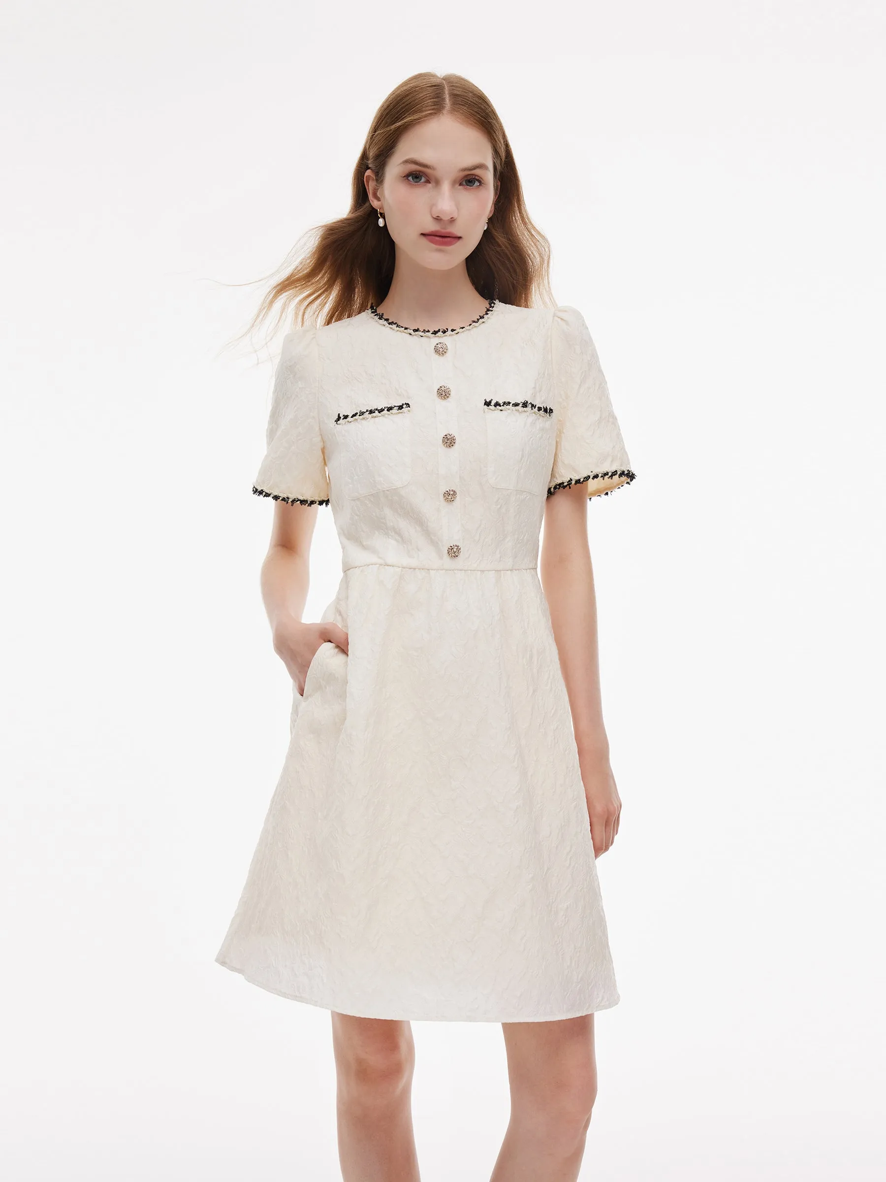 Jacquard Round Neck Women Mini Dress Floral Appeal