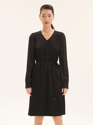 Triacetate V-Neck Long Sleeve Midi Dress Diagonal Draping Effect