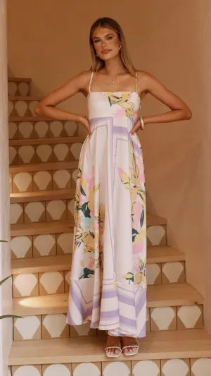 This dress offers a comfortable and elegant fit that works for both casual and formal events The flattering shape of this dress creates a beautiful silhouette that is perfect for all body types Kaethe Maxi Dress - Beige/Lilac