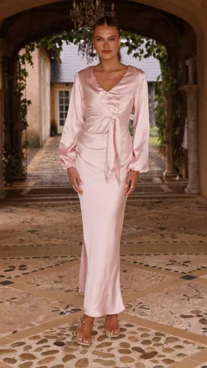Ivy Long Sleeve Tie Front Maxi Dress - Pink Vintage Love Dusty Rose
