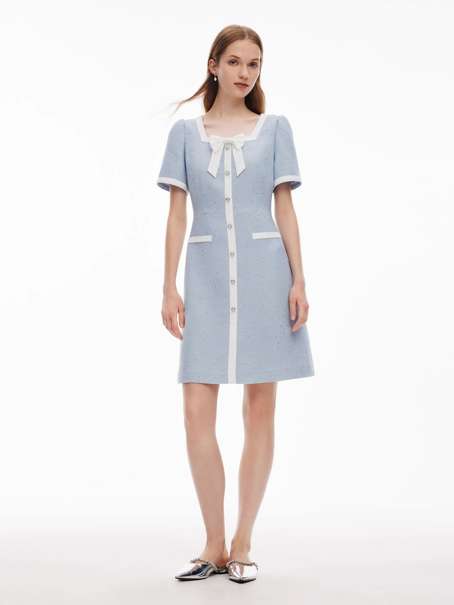 Acetate Blend Sequins Tweed Contrast Trim Women Mini Dress Party Snap