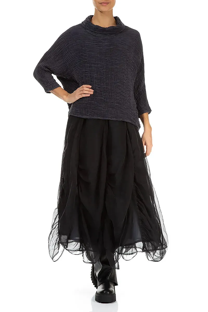 Smooth Texture Neutral Tones Ruched Graphite Blue Silk Chiffon Skirt