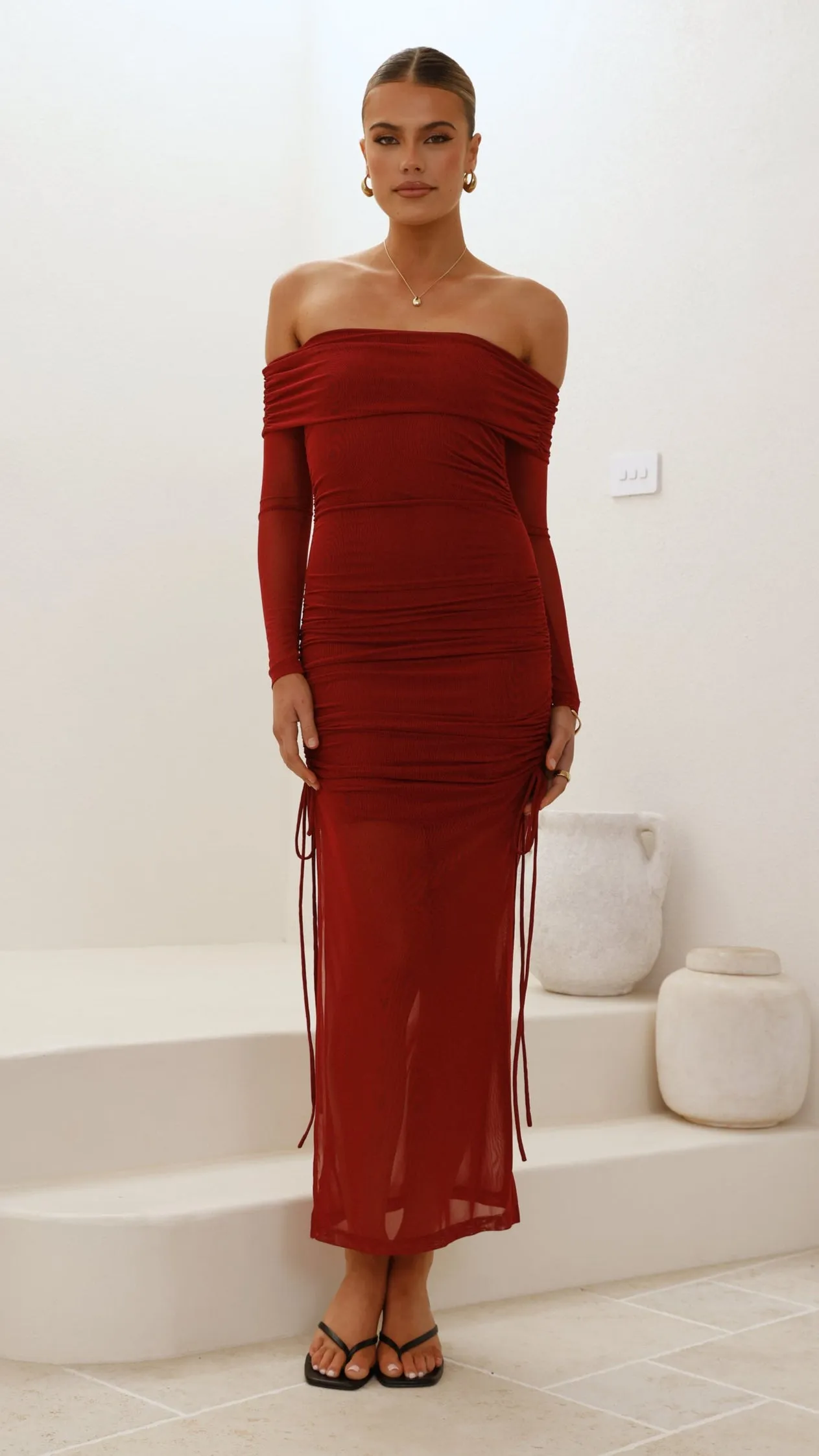 Isadora Off Shoulder Maxi Dress - Wine Bead Shine Brick Glow