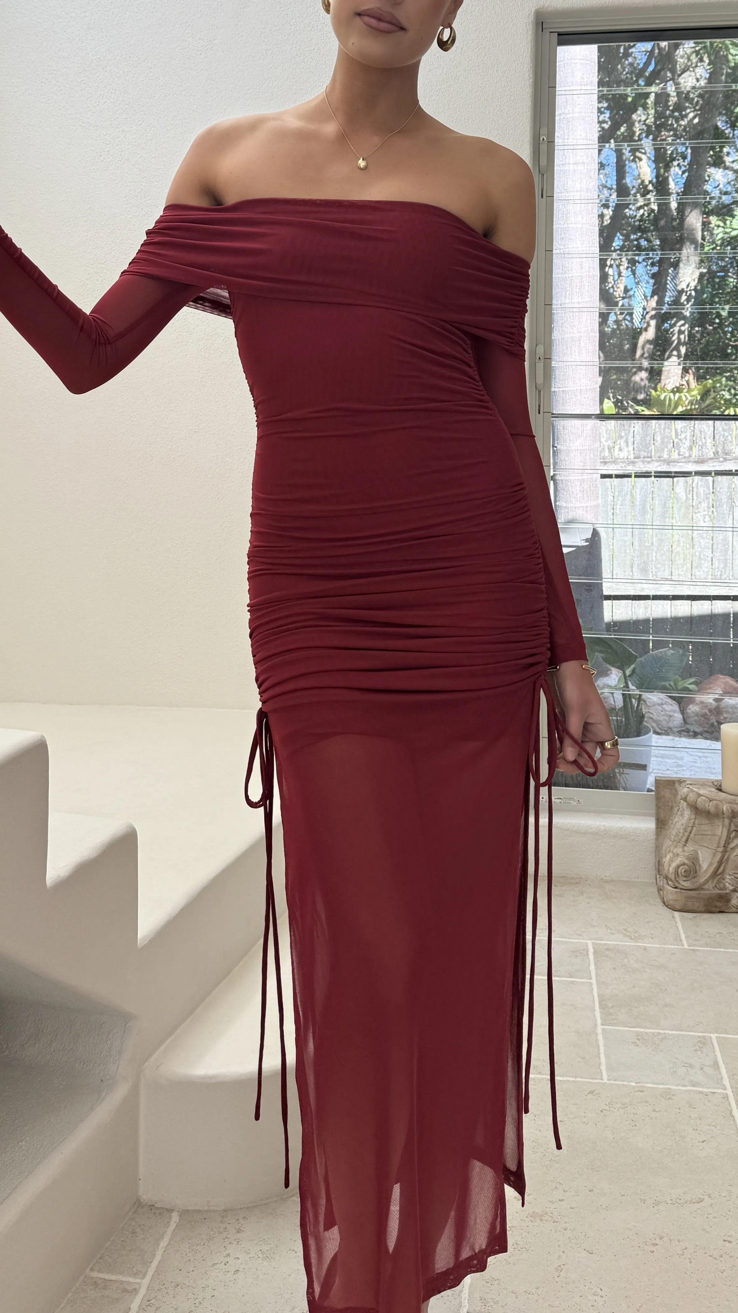 Tiered Skirt Isadora Off Shoulder Maxi Dress - Wine