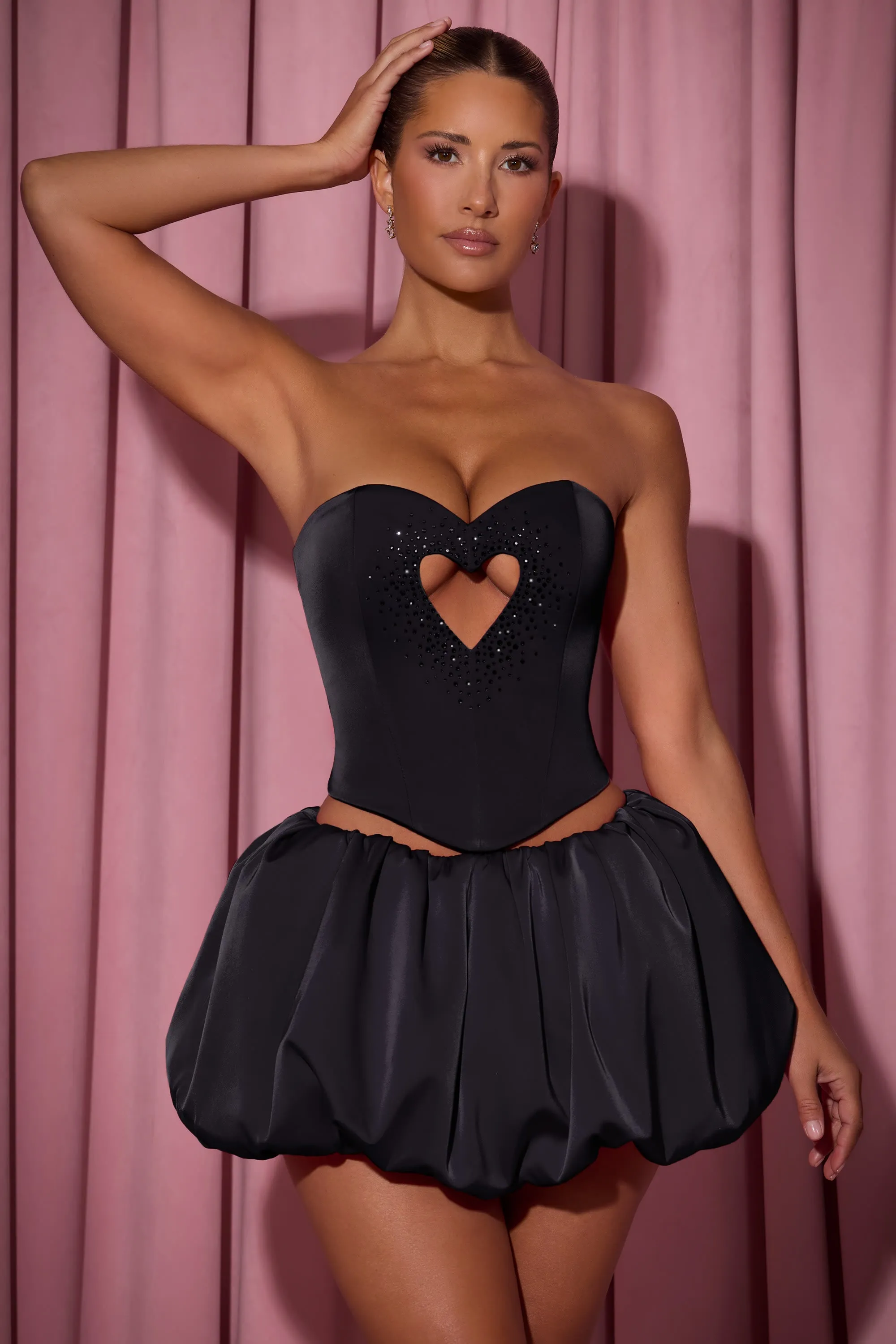 Embellished Heart Cut-Out Strapless Corset Top in Black Insulated Jacket Euro Mood