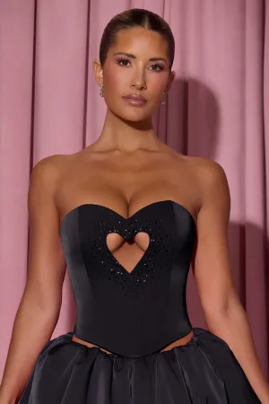 Embellished Heart Cut-Out Strapless Corset Top in Black Pure Linen Blend