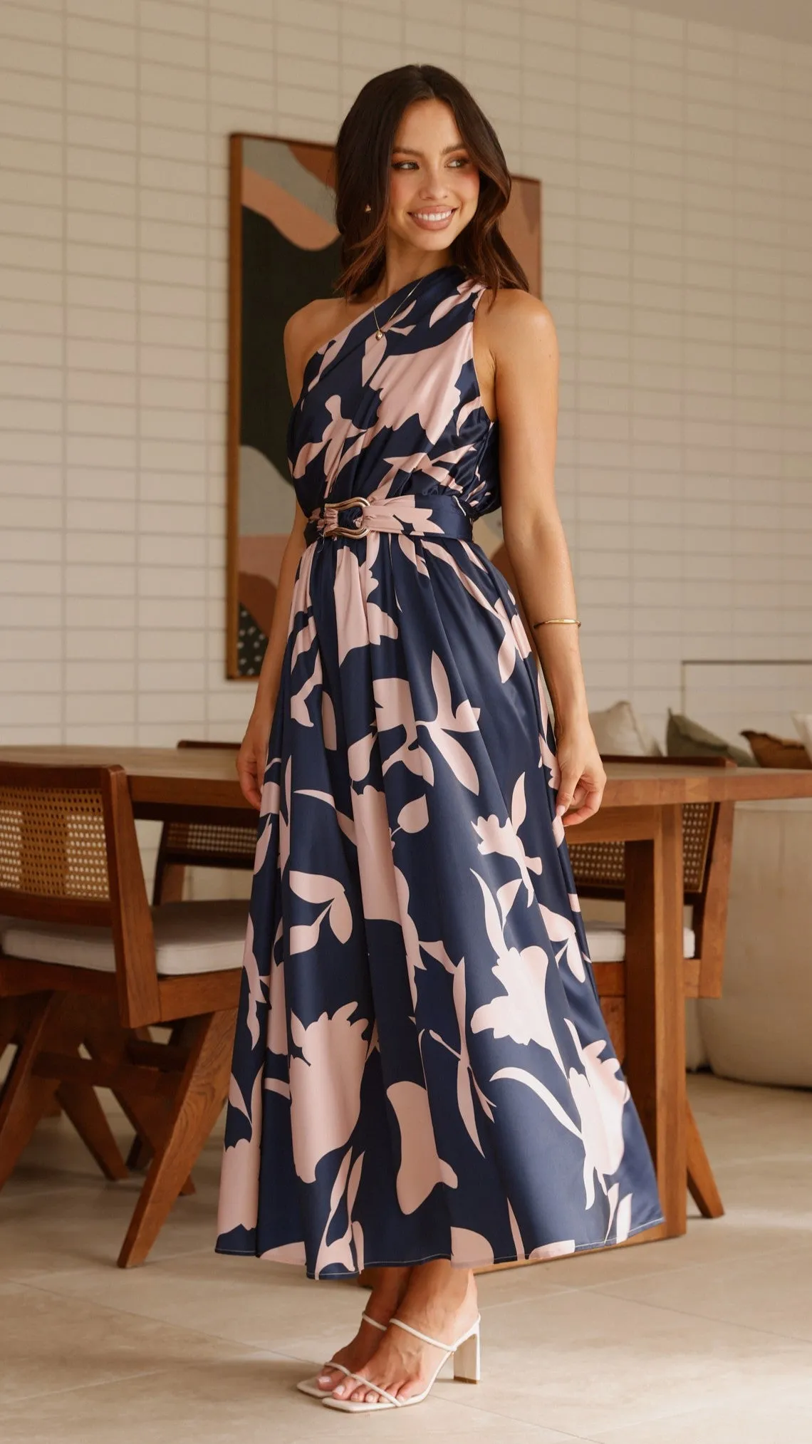 Hadas Maxi Dress - Navy/Pink Print Bamboo Shade Lily Bloom