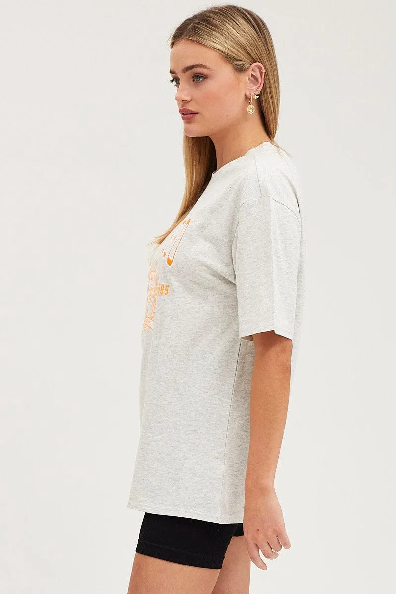 Grey Graphic T-Shirt Short Sleeve Embroided Easy Look