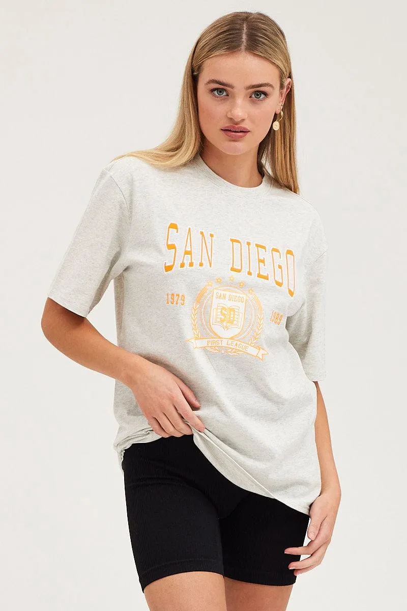 Grey Graphic T-Shirt Short Sleeve Embroided NeutralTonesCollection