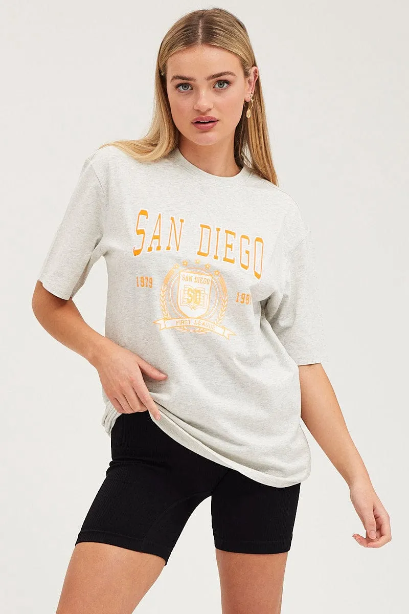 Grey Graphic T-Shirt Short Sleeve Embroided Premium Cotton Blend