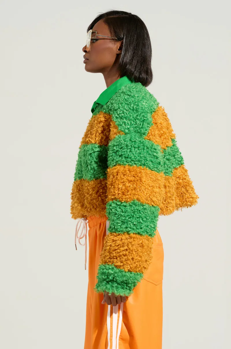IN MY FEELINGS STRIPE POLO SWEATSHIRT IN GREEN product fair trade
