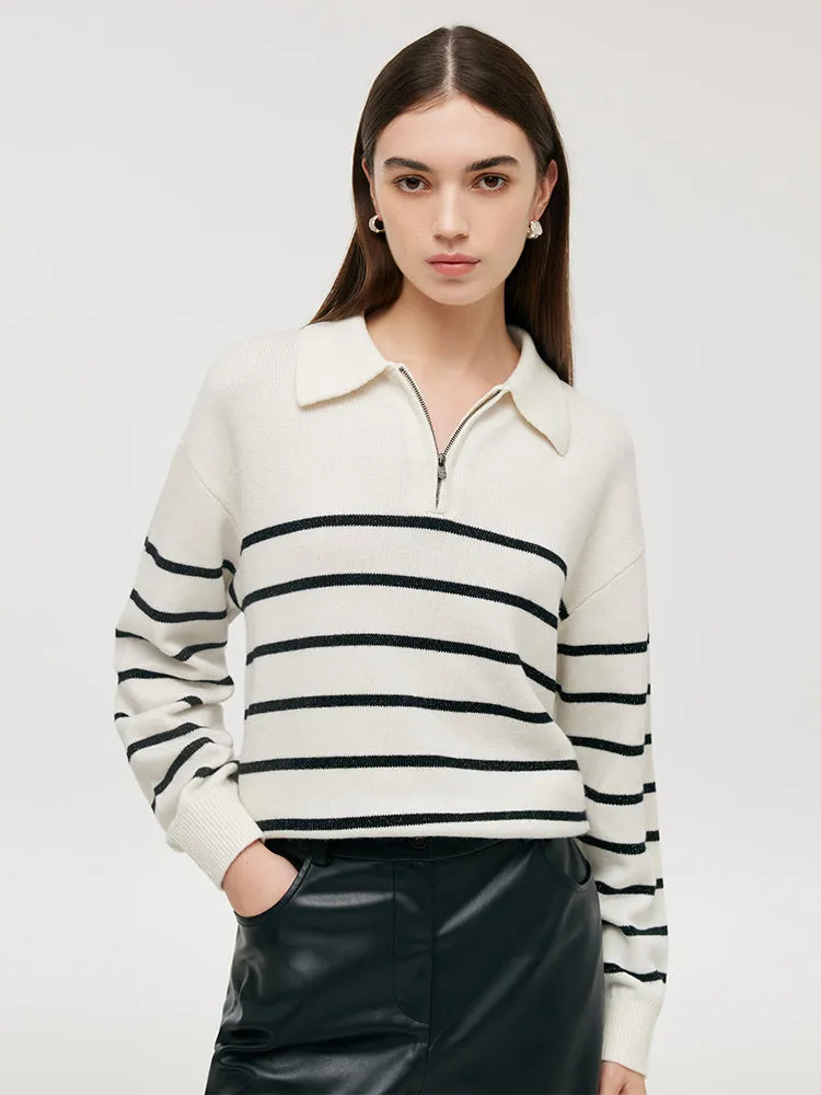 Wool Black And White Stripe Women Sweater Non Restrictive Fit Relaxed Style