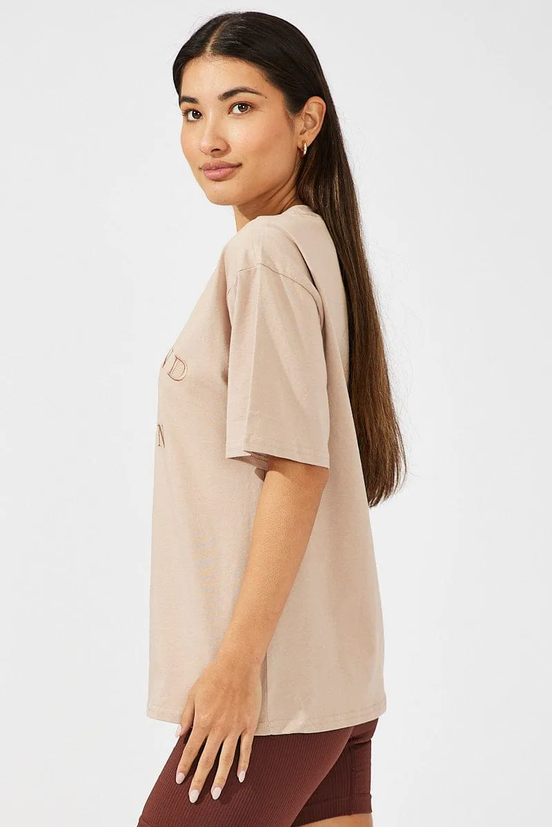 Beige Graphic Tee Short Sleeve Perfect for Outdoors