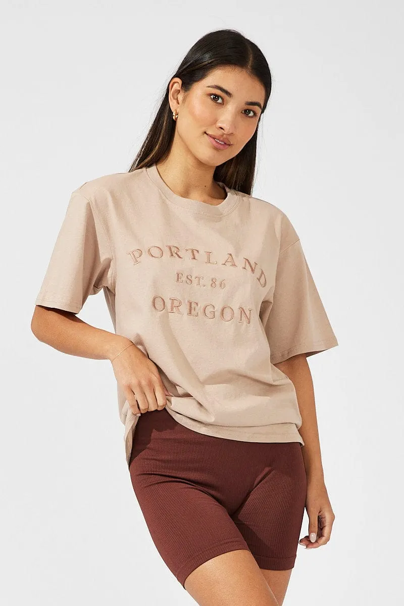 Beige Graphic Tee Short Sleeve Anti Pilling Surface