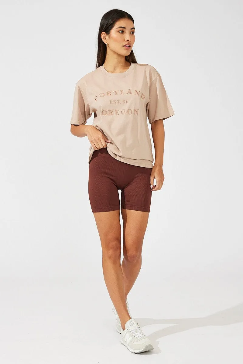 Beige Graphic Tee Short Sleeve Anti Static Treatment