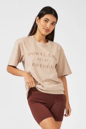 Beige Graphic Tee Short Sleeve Anti Pilling Surface