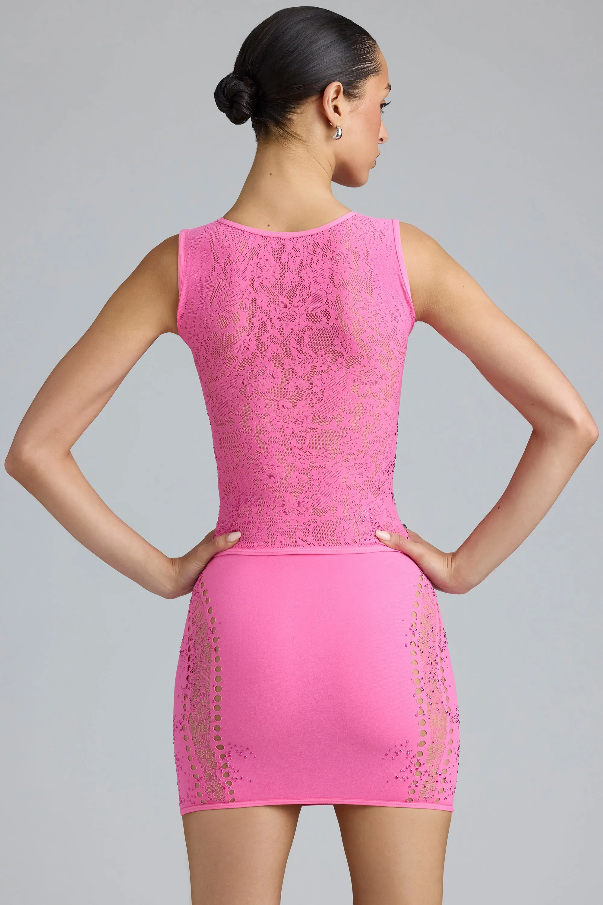 Weekend Outfit High low hem Embellished Mid-Rise Mini Skirt in Bubblegum Pink