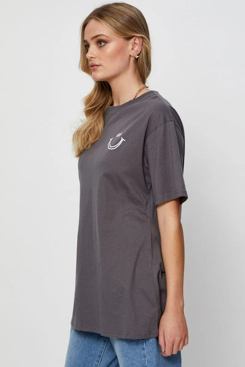 Grey Graphic T-Shirt Short Sleeve Layered Wear Perfect Fit Wear