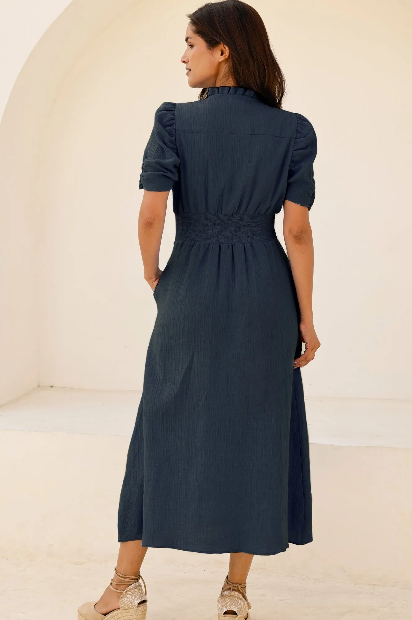 Vibrant dress for weekend outing Elegant dress for brunch Esha Cheesecloth Dress | Navy
