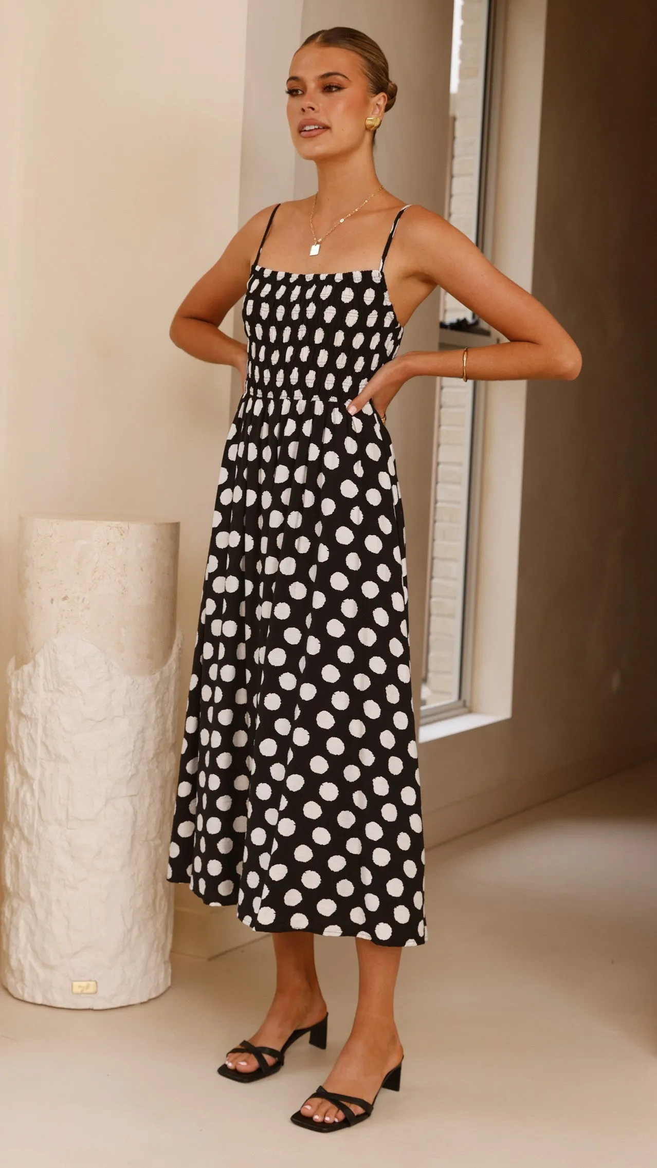 Roma Midi Dress - Black/ White Spot Feminine casual piece