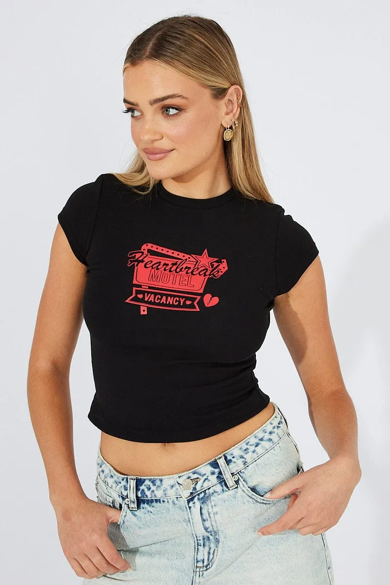 Sporty Appeal Cozy Layering Black Graphic Tee Short Sleeve