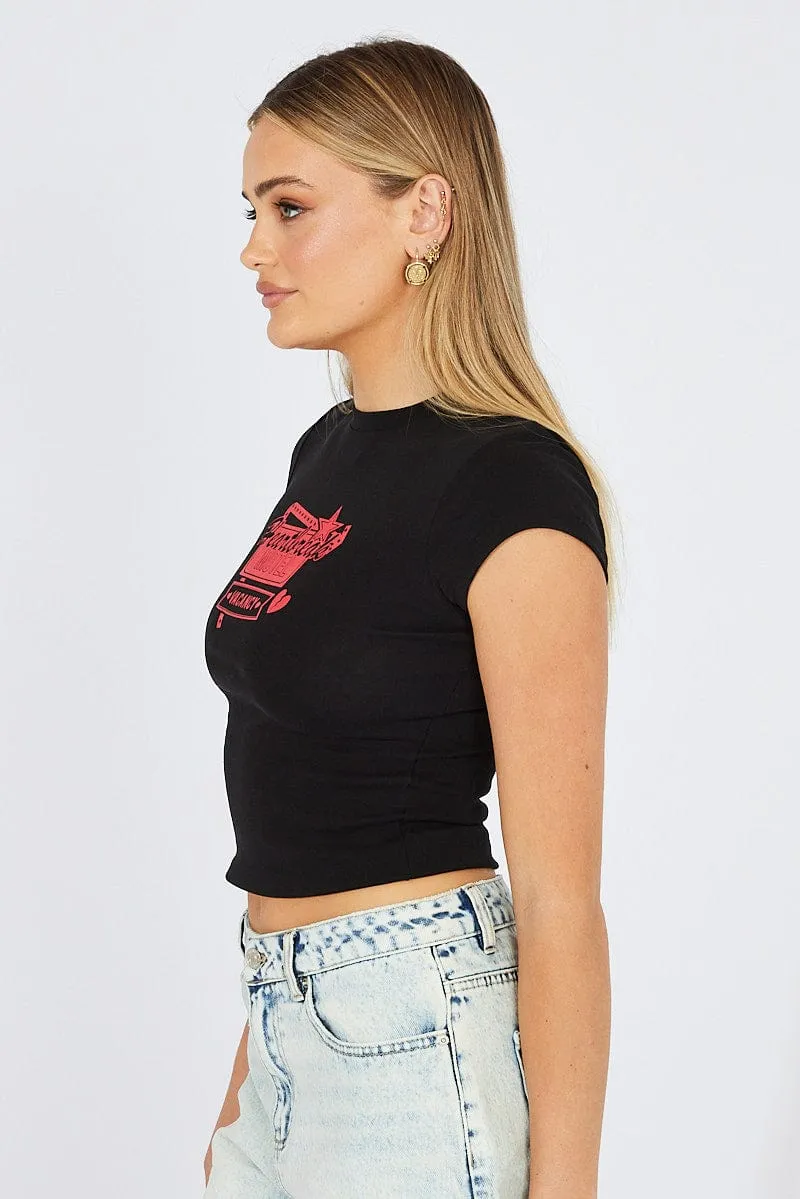 Seamless Edging Black Graphic Tee Short Sleeve
