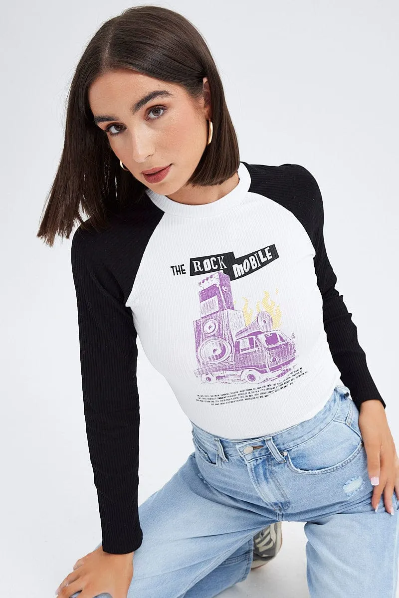 Comfy Look Wear White Top Long Sleeve Crew Neck Longline Rock Graphic