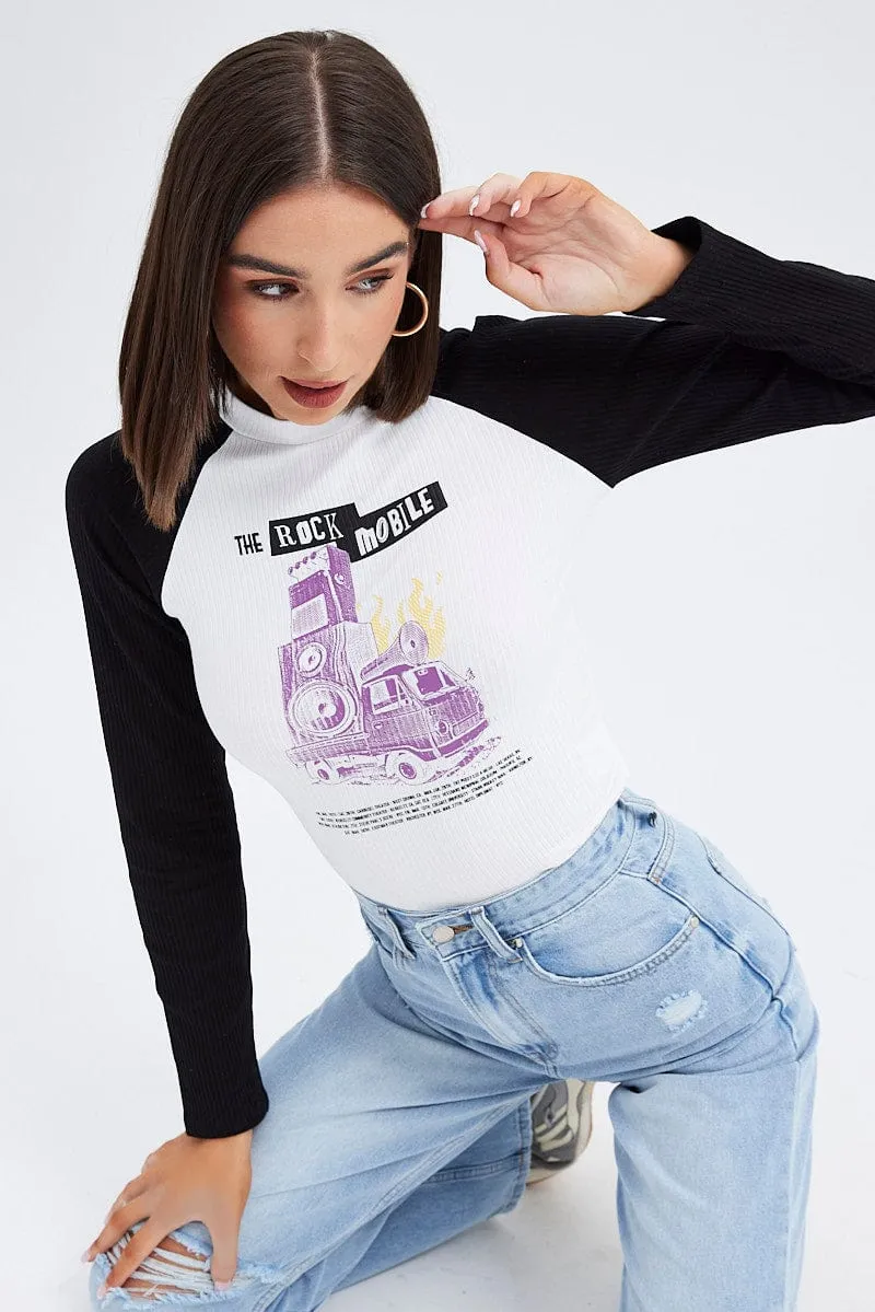 White Top Long Sleeve Crew Neck Longline Rock Graphic V neck Abrasion Resistant Fabric