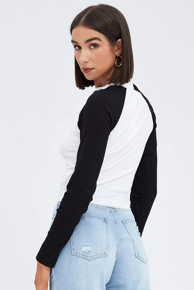 Chilly Day Style White Top Long Sleeve Crew Neck Longline Rock Graphic