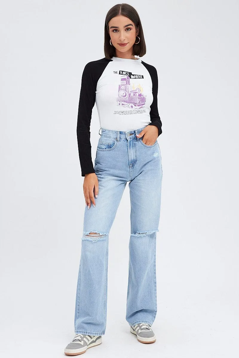 White Top Long Sleeve Crew Neck Longline Rock Graphic Casual Appeal