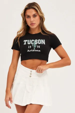 Black Short Sleeve Embroidered Graphic Baby Tee Cozy Wear