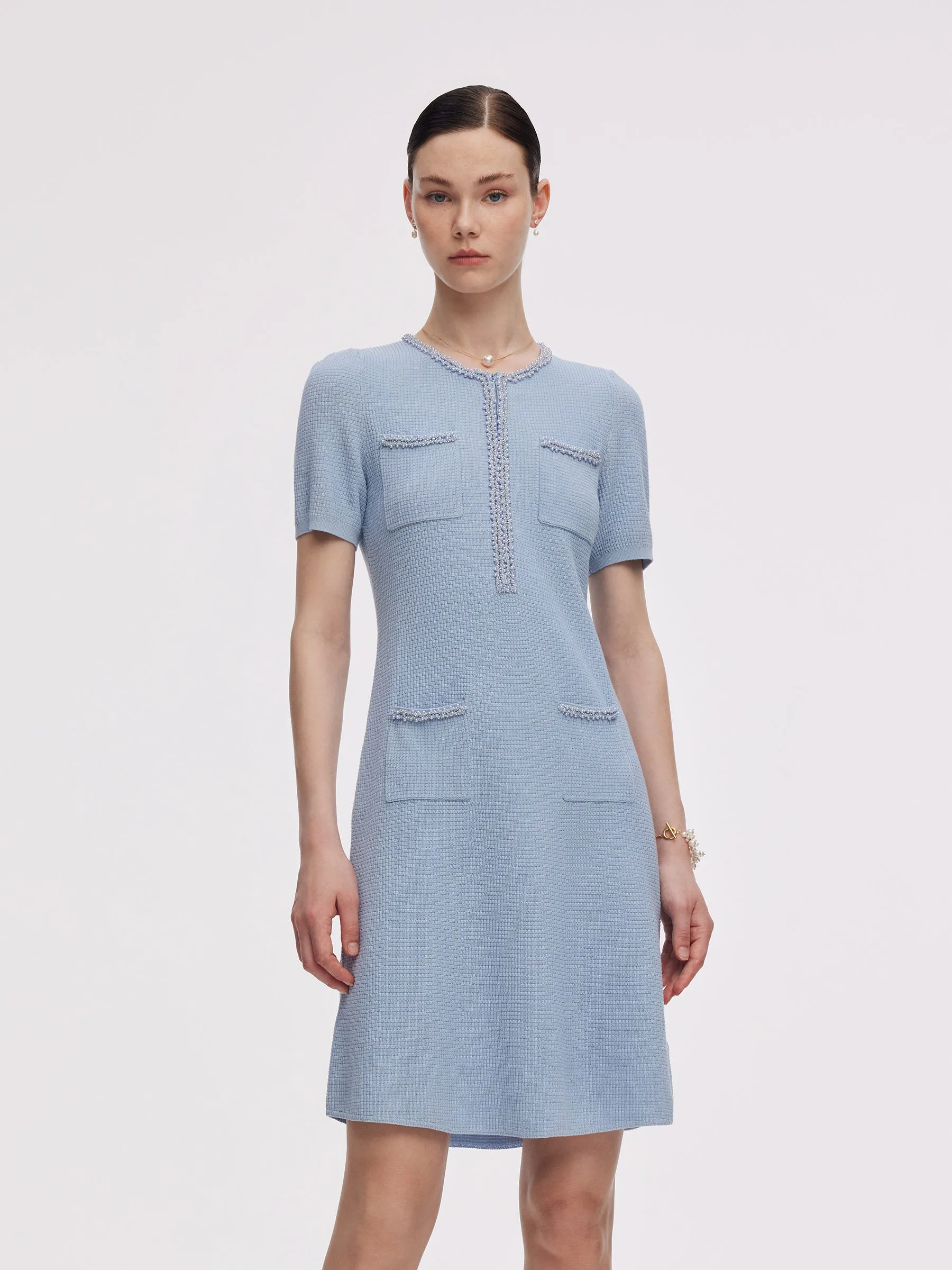 Layer Free Chic Prints 100% Cotton Half-Zip Women Beaded Round Neck Mini Dress