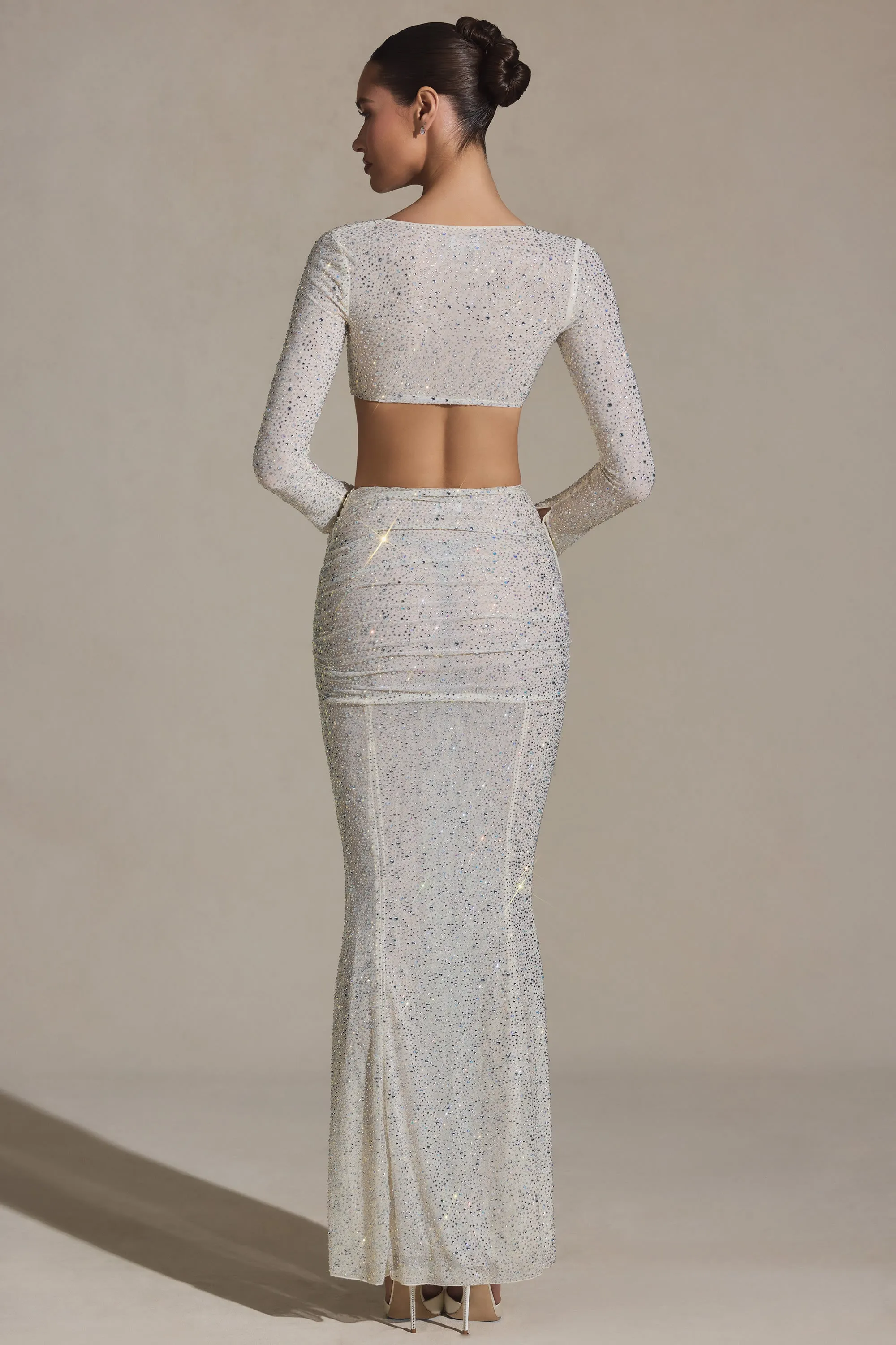 Elasticized Cuff Embellished Ruched Maxi Skirt in White