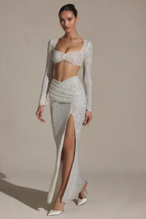 Embellished Ruched Maxi Skirt in White ruffle trim