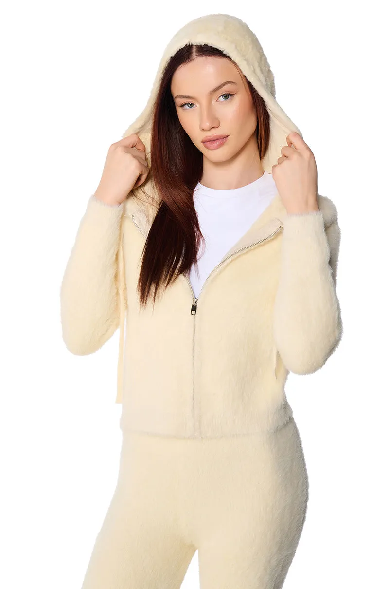 UNWIND FUZZY ZIP UP HOODED SWEATER Coffee Shop