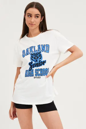 White Graphic T-Shirt Short Sleeve Movie Night Heathered Texture