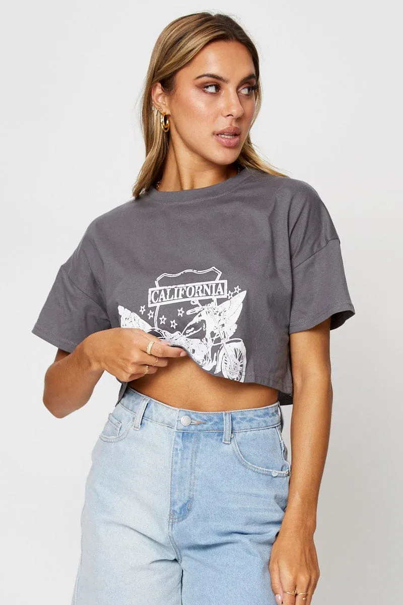 Casual Layer Wear Premium Material Grey Graphic T-Shirt Short Sleeve