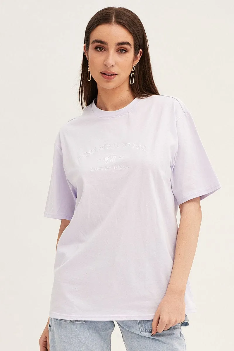 Street Smart Look Purple Embroidered Crew Neck Oversized Tee