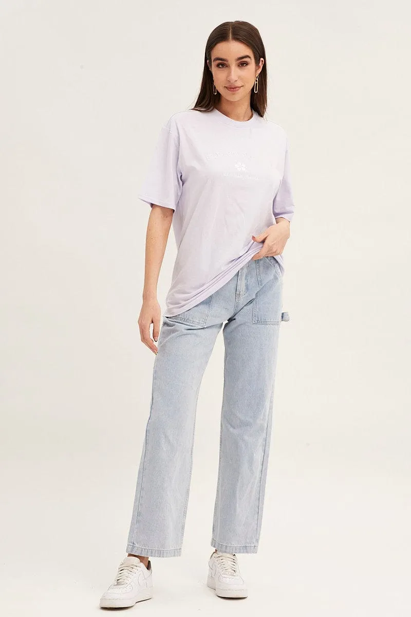 Summer Favorite Purple Embroidered Crew Neck Oversized Tee