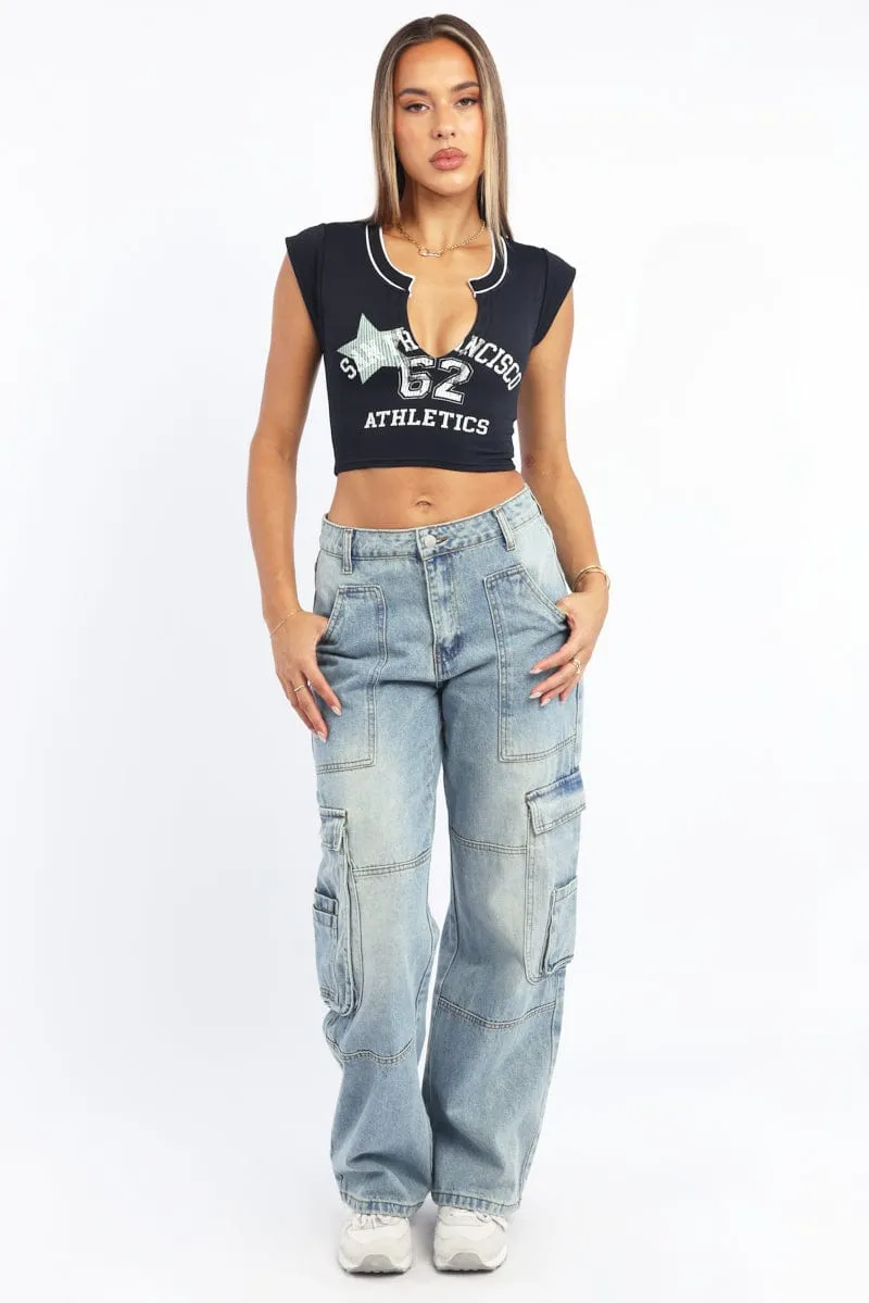 High-Quality Fabric Black Graphic Tee Short Sleeve Crop