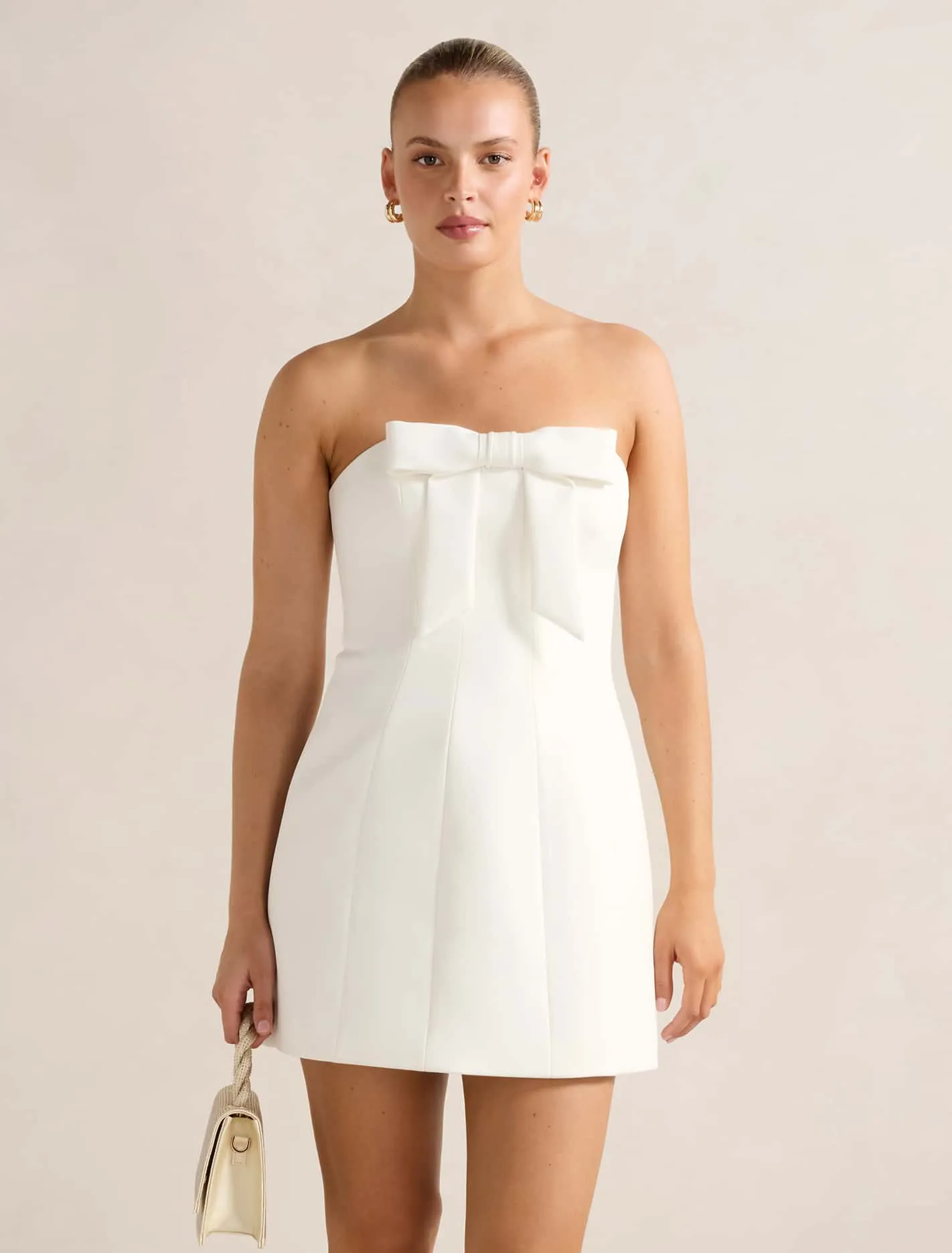 Harper Strapless Bow Mini Dress Casual Style Diagonal Draping Effect