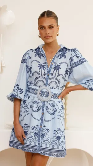 Lightweight Weave Xander Long Sleeve Mini Dress - Indigo