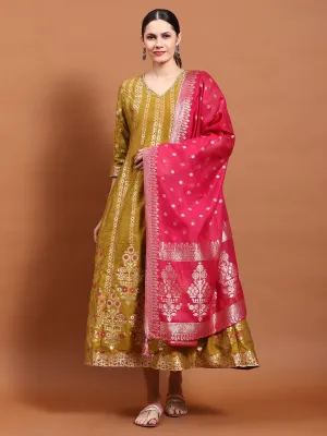 Recycled Fit Ice Fit Women Mustard Printed Dress With Dupatta