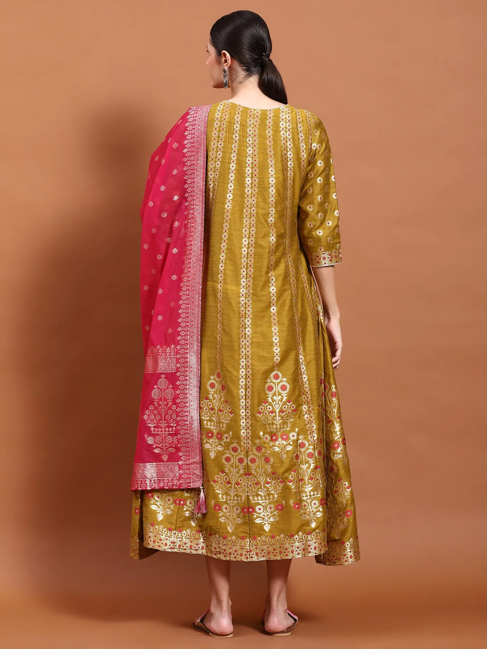 Women Mustard Printed Dress With Dupatta MoistureWicking