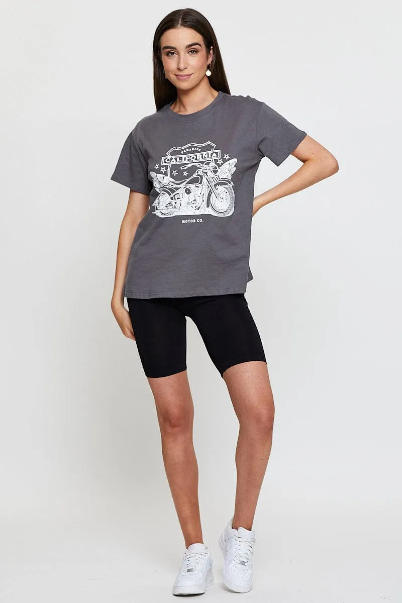 Grey Graphic T-Shirt Short Sleeve Stretchable Weave