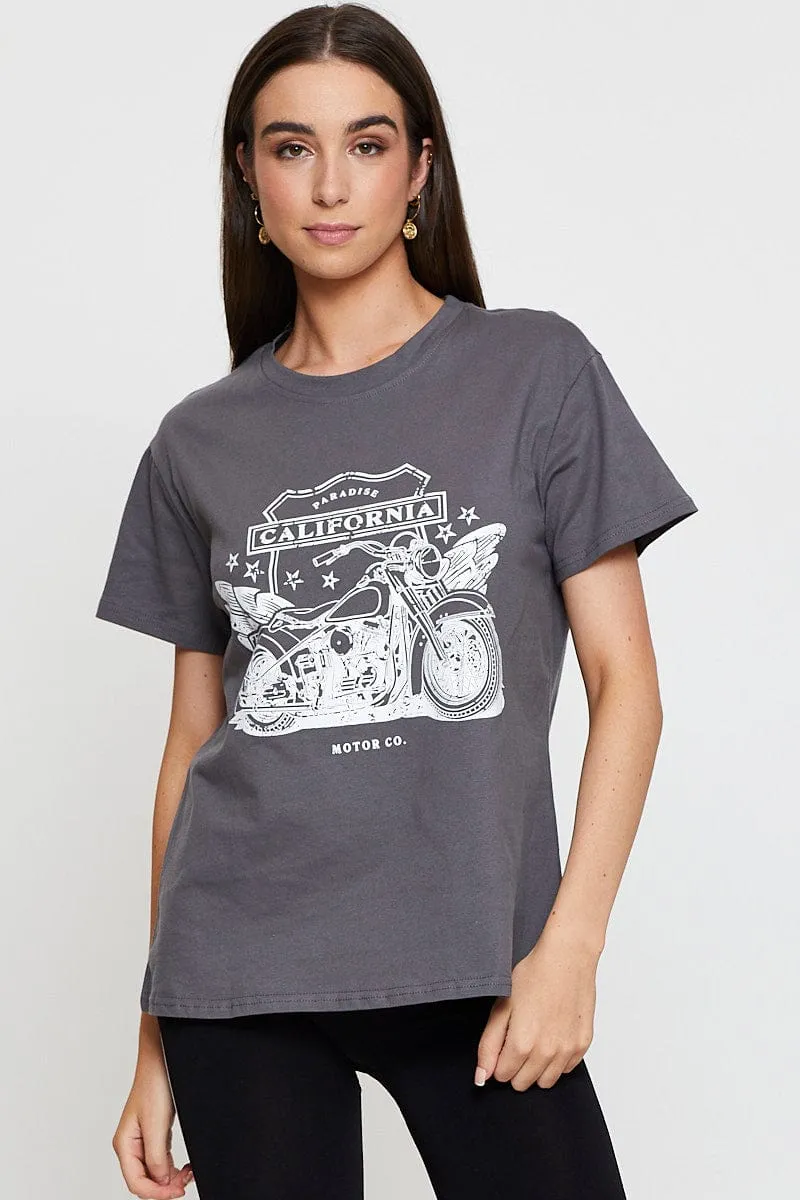 Soft Material Grey Graphic T-Shirt Short Sleeve