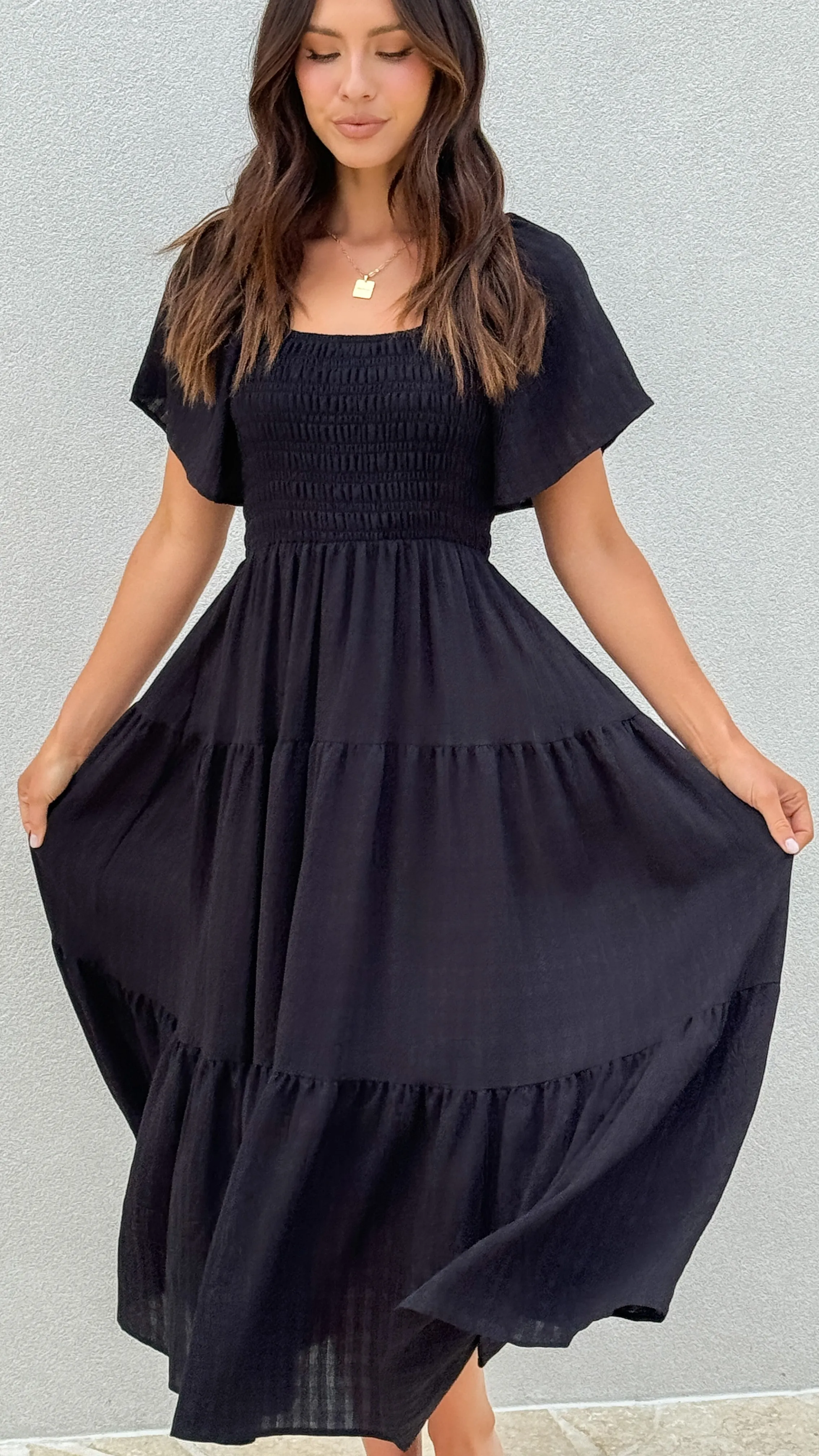 Lainey Midi Dress - Black Garden Stroll Wave Touch