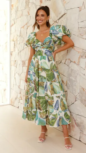 The flattering silhouette of this dress enhances your figure without compromising comfort Maple View Balthazar Maxi Dress - Green / Blue Print