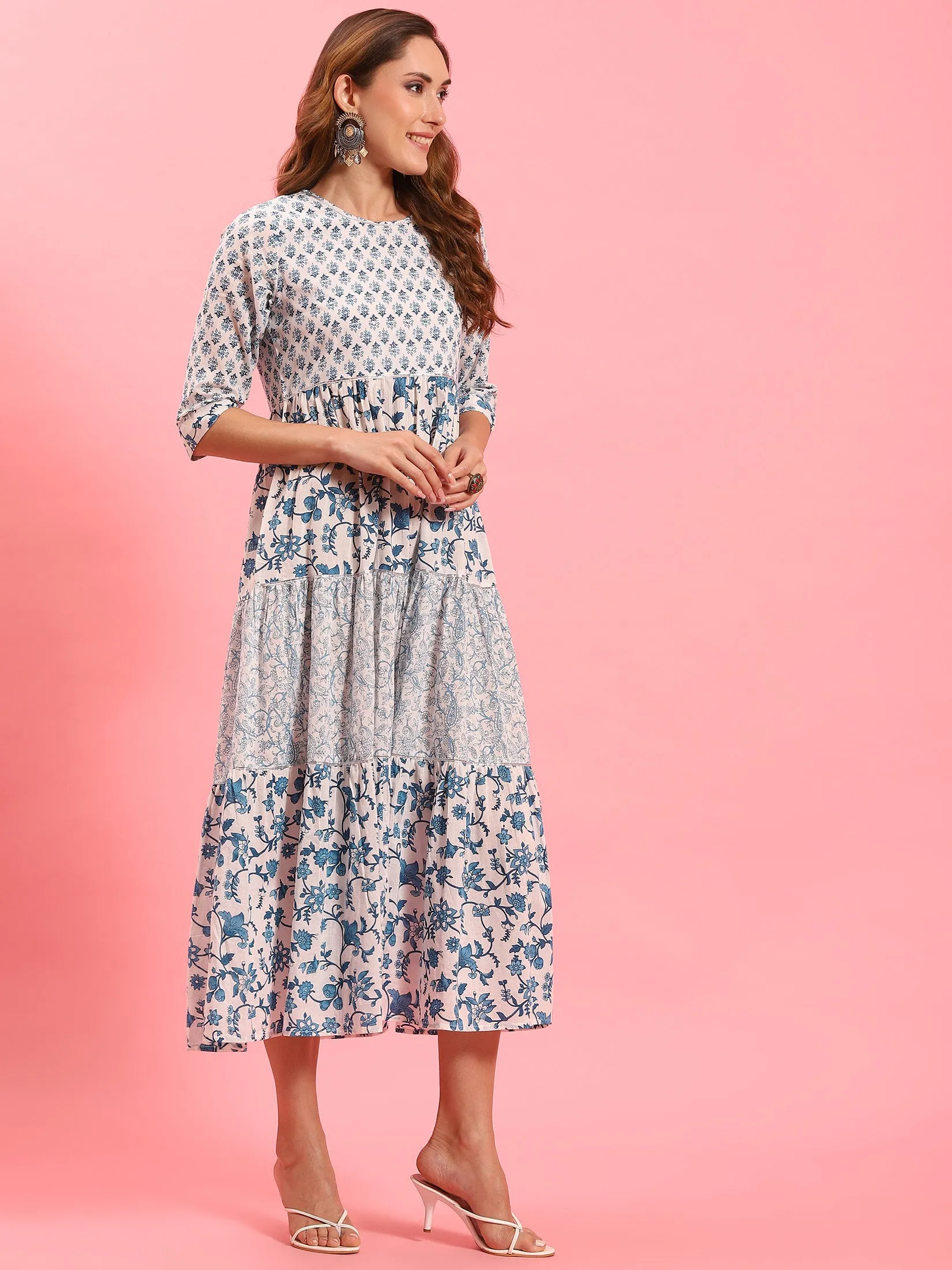 elastic waistband White Floral Printed Dress